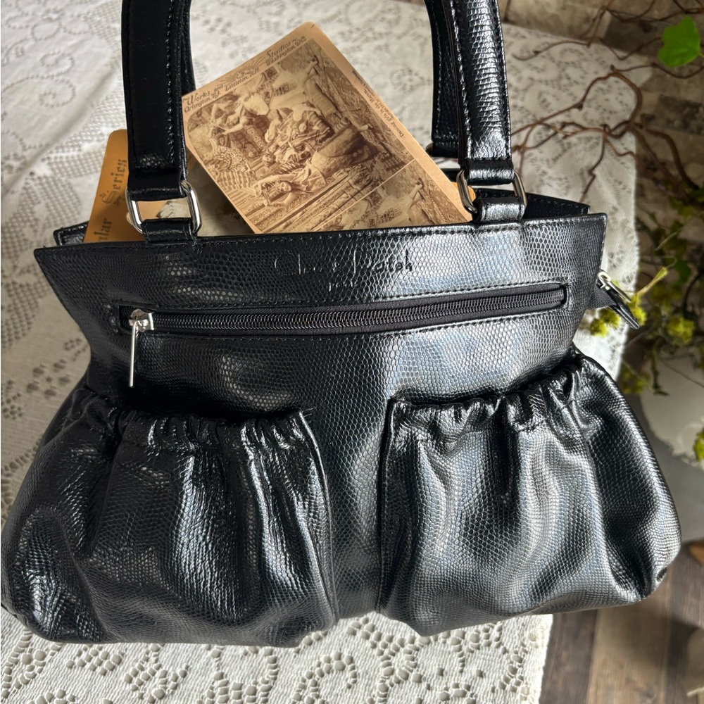 Black Ruched Genuine Leather Shoulder Bag by Cleo and Patek